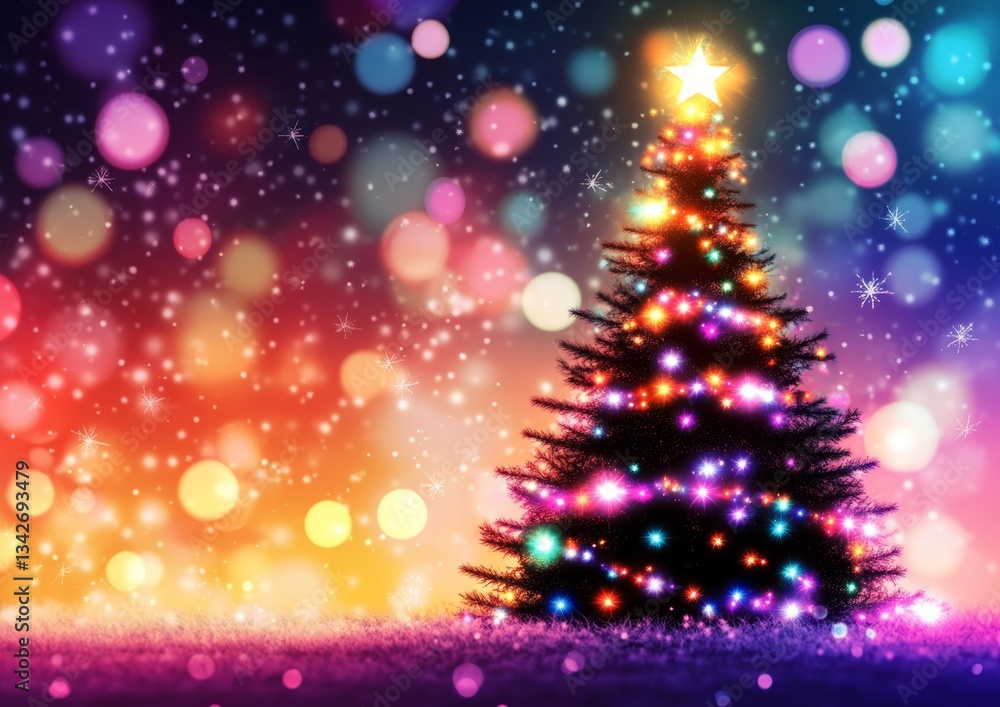 Colorful Christmas Tree with Bright Lights and Beautiful Bokeh Effect Against a Festive Background Colorful Christmas Tree with Bright Lights and Beautiful Bokeh Effect Against a Festive Background