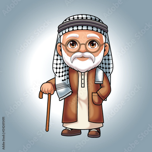 Cute Elderly Middle Eastern Man in Traditional Attire with Cane – Cartoon Vector Illustration