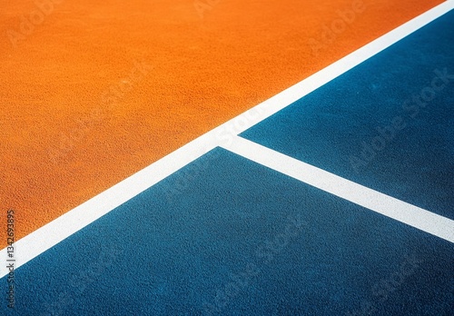 Close-Up of a Multicolored Tennis Court Surface with Orange and Blue Areas and White Court Lines for Sport and Recreation Themes