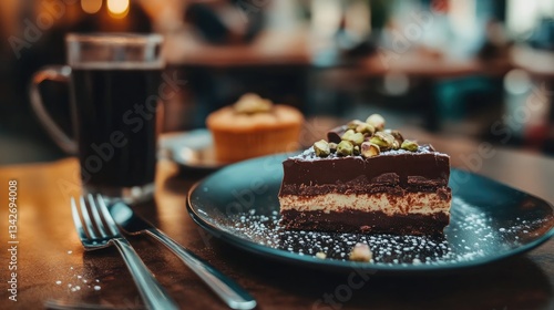 Exquisite Dubai Chocolate Delight with Pistachios and Knafeh on a Table with coffe