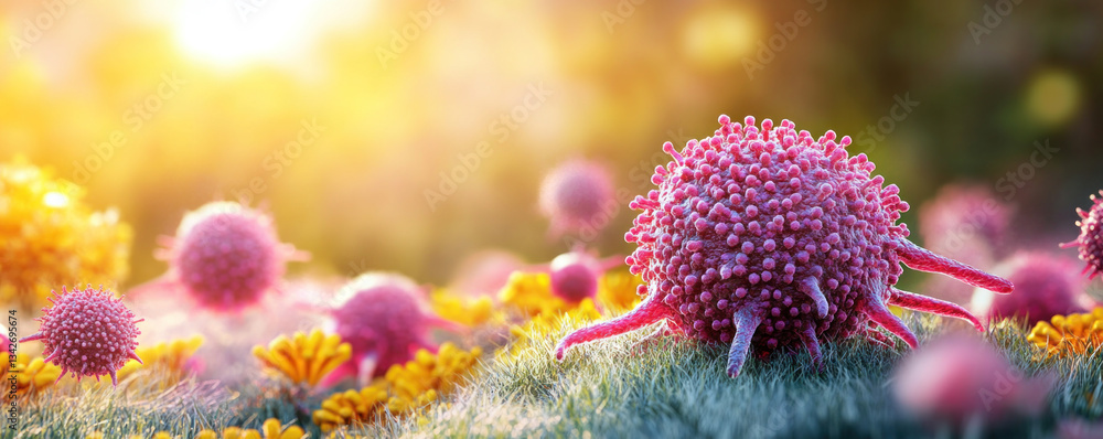 A bunch of pink and yellow flowers with a pink and white bug on the ground. The flowers are in a field and the bug is on the grass A bunch of pink and yellow flowers with a pink and white bug on the ground. The flowers are in a field and the bug is on the grass