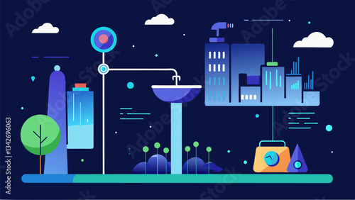 An interactive installation that uses live data from a citys water usage to create a mesmerizing display of lights and sounds highlighting the importance of water conservation.. Vector illustration