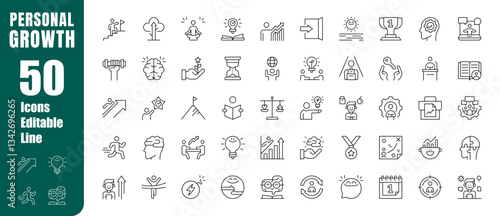 Conjunto de iconos editables de crecimiento personal. Desarrollo, motivación, superación, hábitos, productividad. Ilustración vectorial en estilo moderno