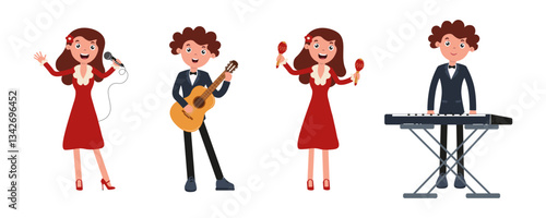 Musicians performing in colorful outfits at a lively event in a festive setting