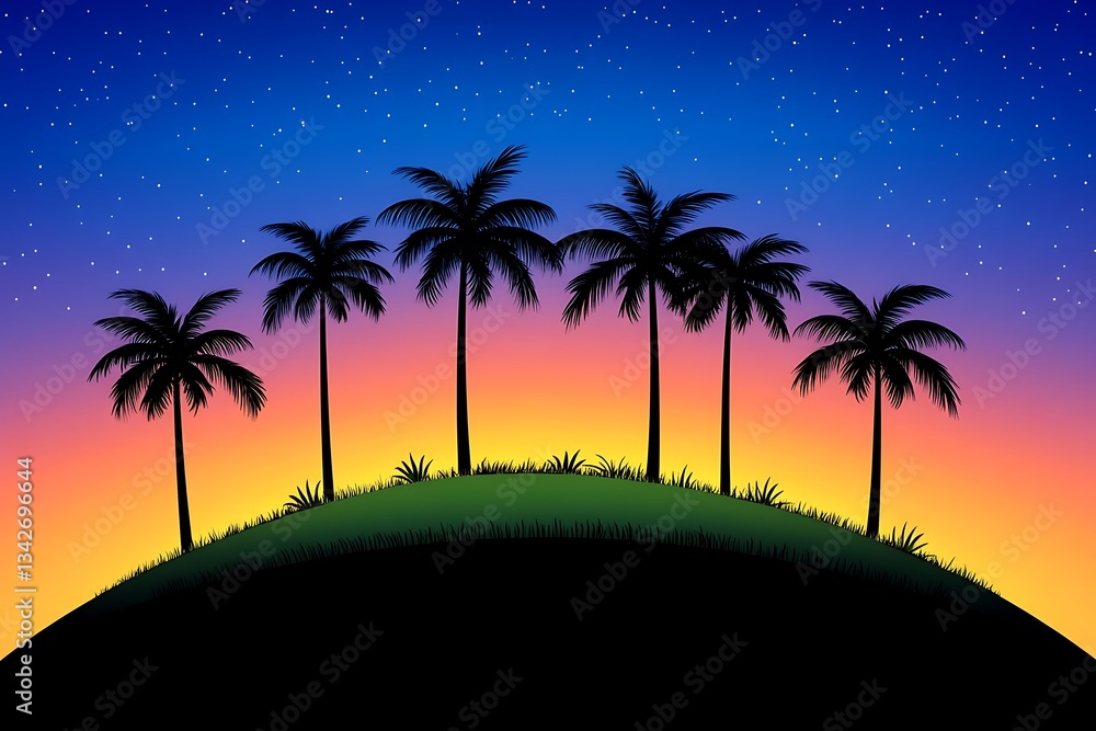 Naklejka premium Palm trees silhouette on a hill at sunset