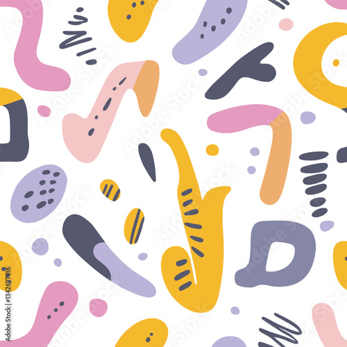 Abstract Playful Pattern with Doodle Elements and Bright Colors