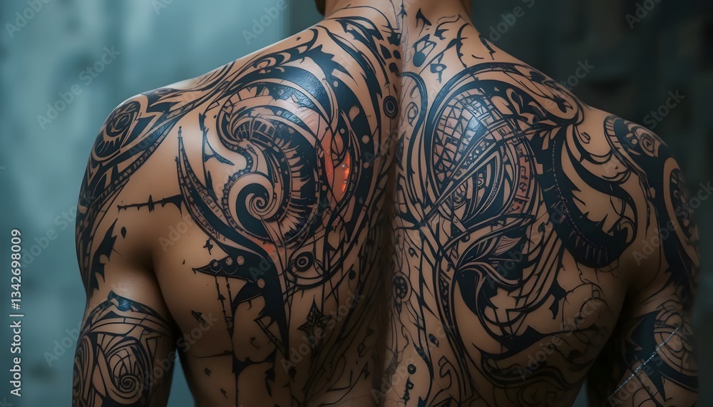 Naklejka premium Man Back View with Complex Black Tattoo Art Body Covering