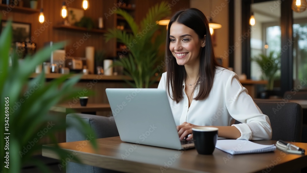 Stylish woman manager freelancer working on laptop while sitting in cozy cafe Stylish woman manager freelancer working on laptop while sitting in cozy cafe
