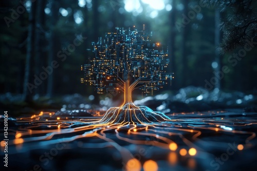 Exploring an ai decision tree hologram unveiling artificial intelligence in a forest setting digital art installation futuristic environment immersive perspective