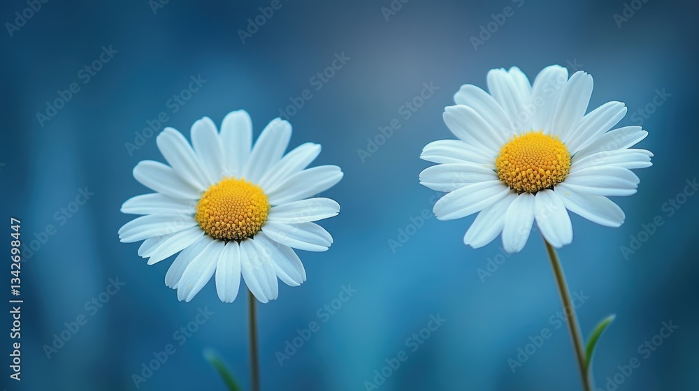 Naklejka premium Two delicate daisy flowers, their petals the hue of a summer sky, stand in stark contrast against a deep blue background, their cheerful faces a testament to the simple joys of nature.