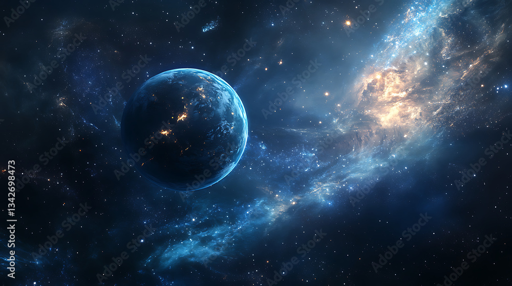 Obraz premium A stunning cosmic scene featuring a vibrant planet surrounded by swirling galaxies and stars in a deep blue universe
