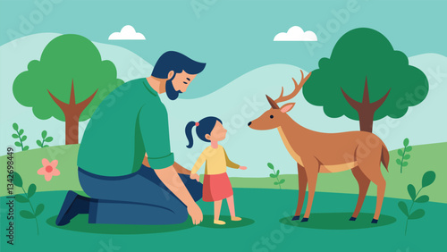 A father and his young daughter bonding over a shared love for animals as they spot a deer grazing in the grass and observe it quietly from a safe distance.. Vector illustration