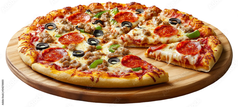 Supreme pizza with melted cheese and toppings like pepperoni, sausage, onions, bell peppers, olives, and mushrooms isolated on white background. Suitable for marketing or business purposes. PNG file Supreme pizza with melted cheese and toppings like pepperoni, sausage, onions, bell peppers, olives, and mushrooms isolated on white background. Suitable for marketing or business purposes. PNG file