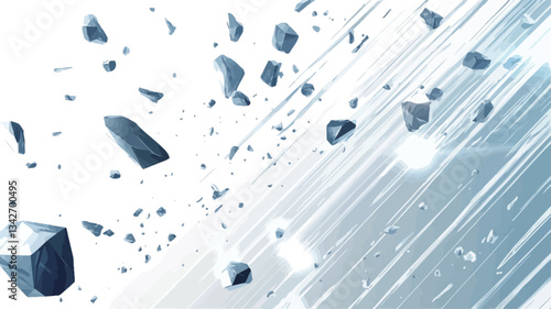 The image presents an abstract composition featuring numerous irregular, dark-blue/grey fragments scattered against a white background.  The fragments appear to be in motion, suggested by a blur