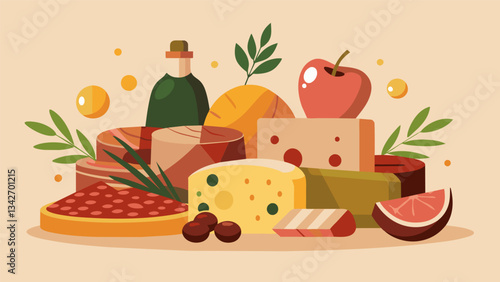 A stunning assortment of cured meats aged cheeses and aromatic olives evoking the flavors of a rustic Italian marketplace.. Vector illustration