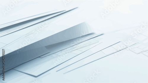 High-angle, close-up shot of a stack of white papers. The papers are slightly angled, revealing their edges and creating a layered effect. The overall color palette is cool-toned, with a light blue