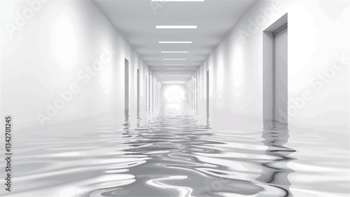 The image shows a long, narrow corridor with white walls and doors on either side. The floor is completely flooded with water, which reflects the light from the far end of the hallway. The water