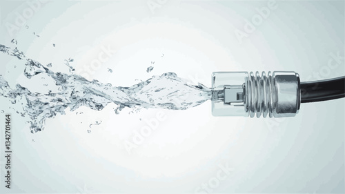 Close-up shot of a water stream flowing from a metallic cable connector against a light grey background.  The water is depicted in motion with splashes and droplets visible. The connector is