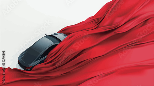 High-angle, close-up view of a dark-grey car partially obscured by a flowing red fabric. The fabric is heavily draped and creates dynamic waves and folds across the image. The background is plain