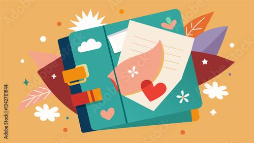 A makeshift happiness journal created from scraps of paper and mismatched pages reflecting the owners creativity and individuality.. Vector illustration