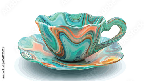 A digitally rendered image showcases a teacup and saucer set. Both pieces exhibit a vibrant swirling pattern reminiscent of marble, primarily in shades of teal, turquoise, orange, and pink. The