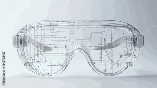 Close-up studio shot of a pair of clear plastic safety glasses against a bright white background. The glasses are transparent, showing slight distortion or markings within the lenses.  The image is