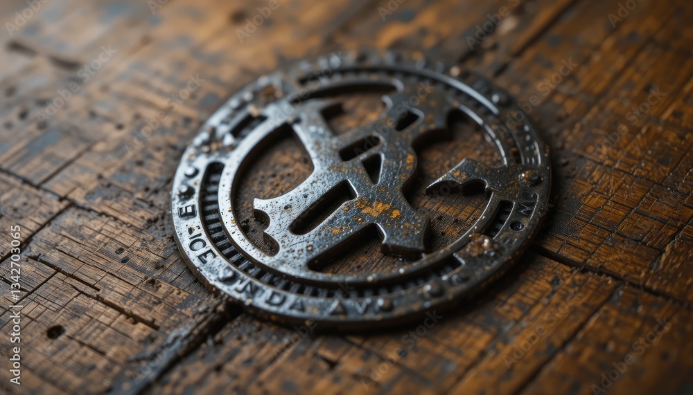 Obraz premium An insignia of polished metal on a rustic wooden surface