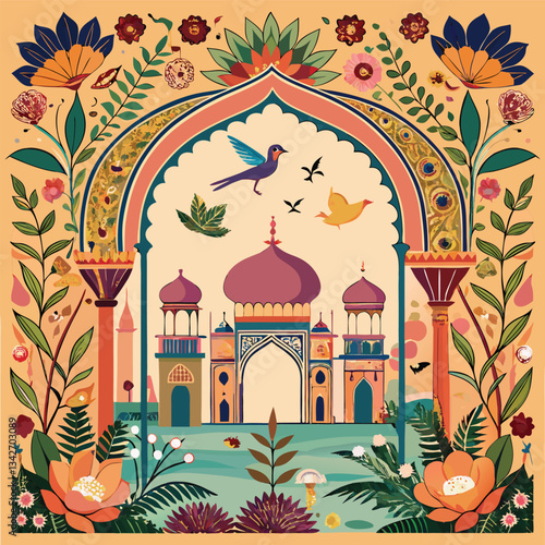 Ornate Mughal Islamic Garden Frame Adorned with Graceful Birds