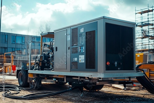 Heavy-duty diesel generator unit mounted on a trailer, rental service branding visible