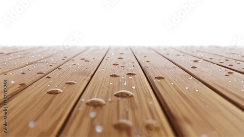 Close-up perspective shot of a bamboo deck with water droplets scattered across its surface. The image features parallel lines of light brown bamboo planks.  The water droplets vary in size and are