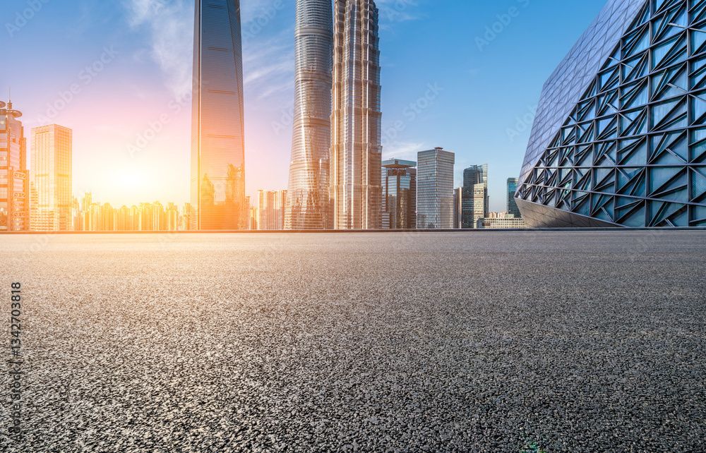Empty asphalt road and modern city buildings scenery in Shanghai