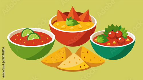 A trio of homemade salsas including tangy peach salsa y habanero salsa and zesty lime cilantro salsa with a side of crispy homemade tortilla chips.. Vector illustration