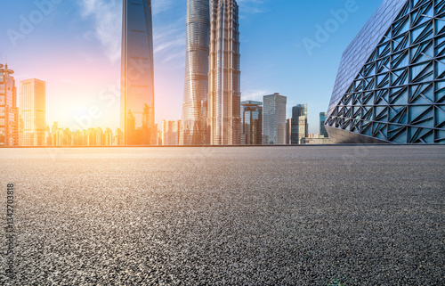 Obraz na płótnie Empty asphalt road and modern city buildings scenery in Shanghai w salonie