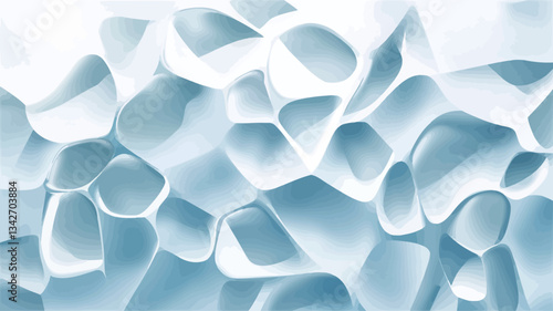 The image presents a detailed close-up of an abstract texture. It features an array of interconnected, irregularly shaped forms in shades of light blue and white. The shapes appear