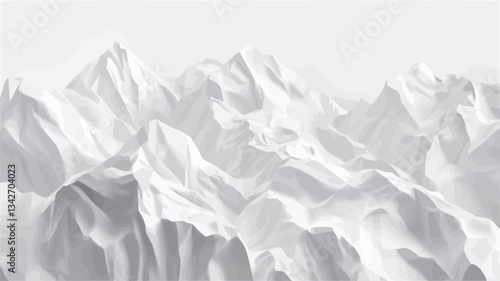The image is a monochromatic representation of a mountain range.  The color palette consists entirely of shades of gray and white, creating a high-key effect. The mountains are depicted with