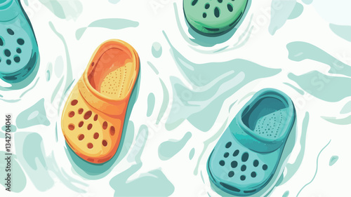 Top-down view illustration of several pairs of plastic clogs in various bright colors (orange, teal, light green) floating on a stylized, light blue and white water surface. The clogs are depicted