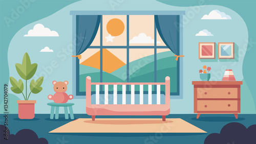 A cozy nursery with a large window that lets in natural light providing a peaceful and calming environment for a baby to rest and play.. Vector illustration
