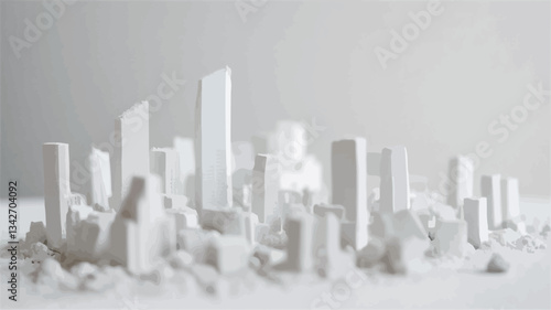 Close-up shot of a monochromatic miniature cityscape model. The model is composed of numerous white, geometric shapes of varying heights, suggesting buildings.  The base appears to be a textured