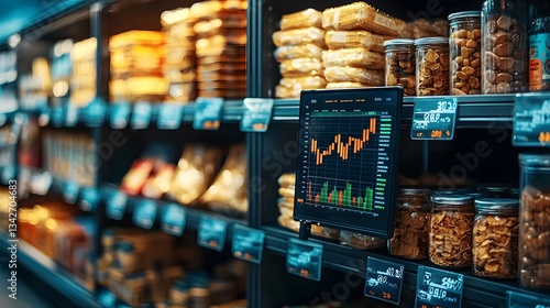 Wallpaper Mural Overlaid market trading graph and retail supermarket product shelves representing the correlation between business performance and financial market trends Torontodigital.ca
