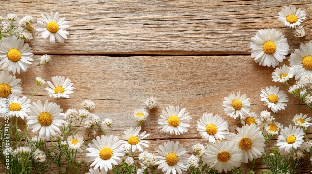 Obraz premium A rustic wooden background, adorned with delicate chamomile daisies in shades of white and pale yellow, creating a calming and peaceful scene.
