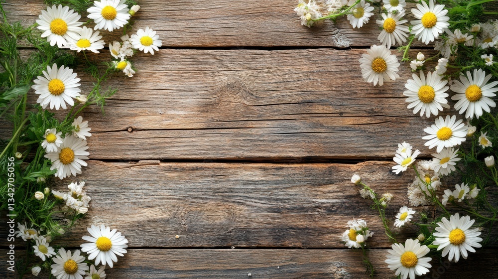 Fototapeta premium A rustic wooden background, adorned with delicate chamomile daisies in shades of white and pale yellow, creating a calming and peaceful scene.
