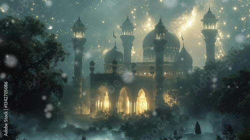A magnificent white mosque in the middle of a mysterious forest with warm light and the holy month of Ramadan. A man in a black robe walks towards the magnificent white mosque.