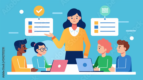 The editorinchief leading a meeting with the team assigning specific tasks and ensuring everyone is on track.. Vector illustration