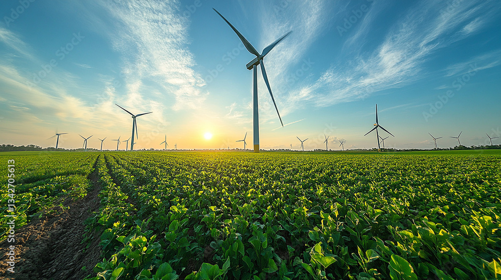 Wind turbines in a green field at sunset, renewable energy farm generating clean electricity. Wind turbines in a green field at sunset, renewable energy farm generating clean electricity.