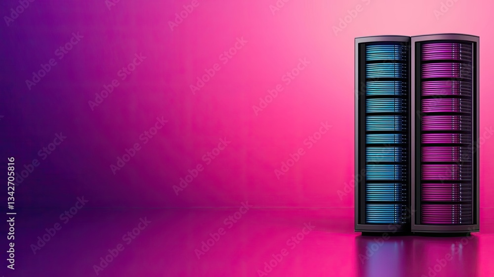 Fototapeta premium Cloud technology database backup and hybrid computing concept. Modern data storage server in vibrant colors against a stylish gradient background.