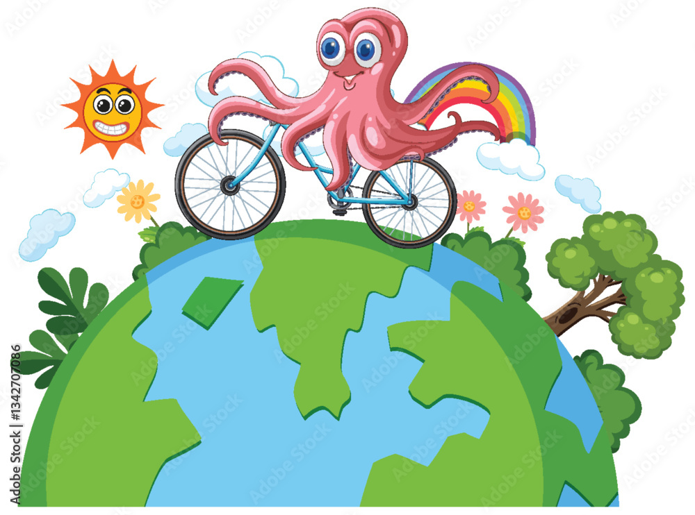 Fototapeta premium Octopus Riding Bicycle on Earth