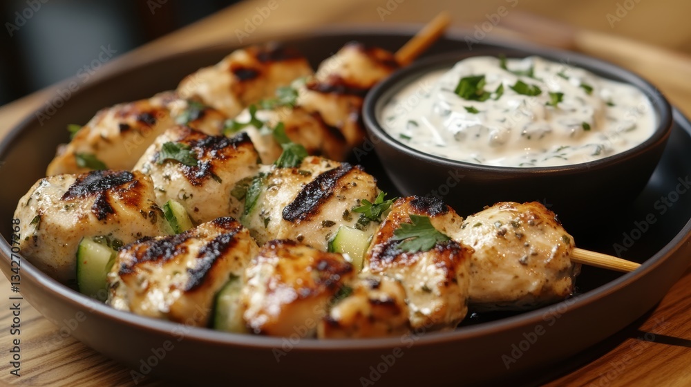 Grilled chicken skewers marinated in a tangy blend of yogurt, cucumber, and garlic, accompanied by creamy tzatziki sauce, a symphony of flavors and textures. Grilled chicken skewers marinated in a tangy blend of yogurt, cucumber, and garlic, accompanied by creamy tzatziki sauce, a symphony of flavors and textures.