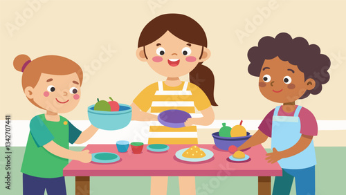 The children eagerly help set the table careful not to break any of the colorful clay dishes brought out for this special occasion.. Vector illustration