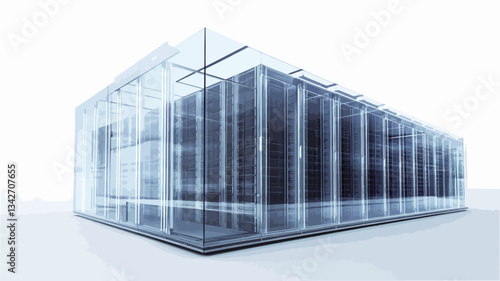 A digitally rendered three-dimensional image depicts a modern server room enclosed within a transparent glass structure. The server room is rectangular in shape, with numerous dark-colored server
