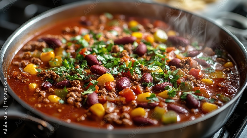 A vibrant fiesta of red, green, and brown, chili con carne, a hearty and flavorful stew, simmered on the stove, its aroma filling the kitchen with warmth. A vibrant fiesta of red, green, and brown, chili con carne, a hearty and flavorful stew, simmered on the stove, its aroma filling the kitchen with warmth.